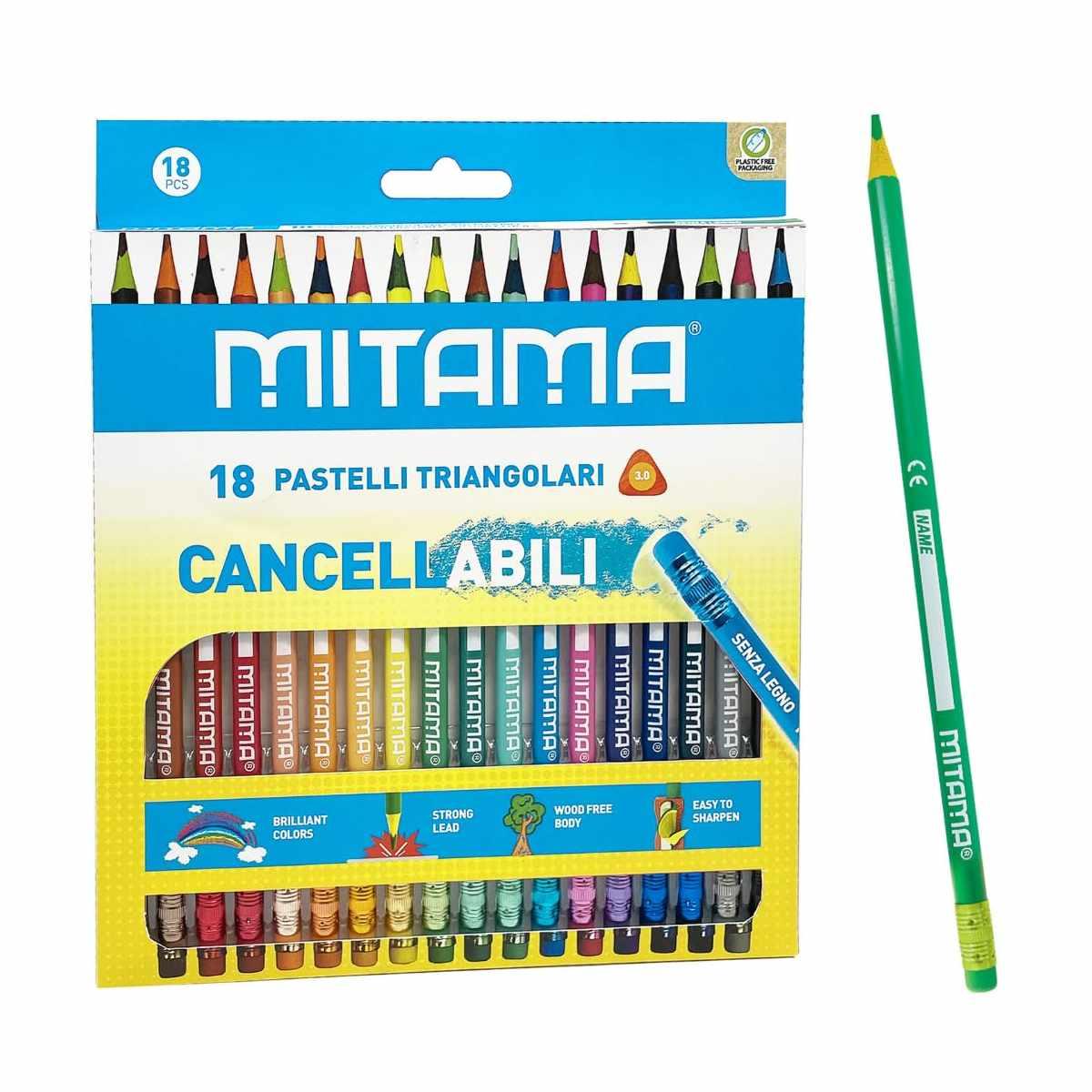 Pastelli cancellabili triang. mina 2,8 c/gomma 18pz mitama