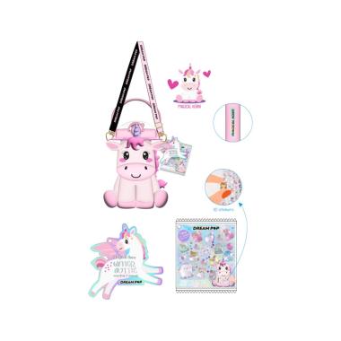 Borraccia sagomata in plastica c/stickers e tracolla unicorno