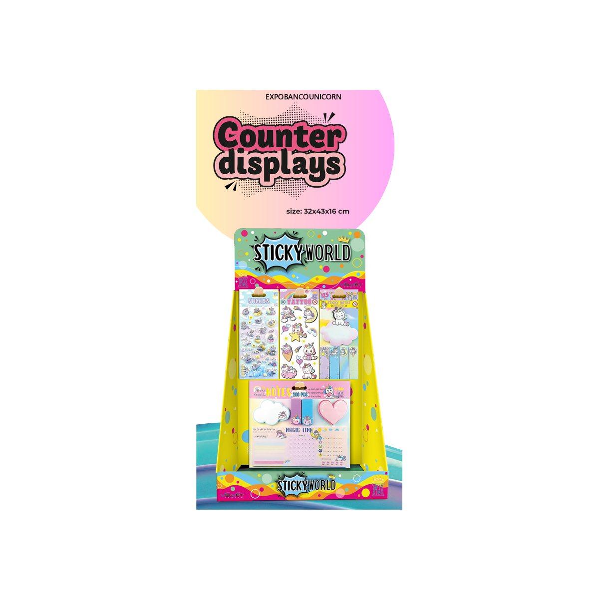 ESPOSITORE DA BANCO 48pz 12 STICKERS 12 TATUAGGI 12 POST-IT 12 PAD NOTES.