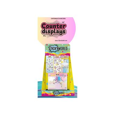 ESPOSITORE DA BANCO 48pz 12 STICKERS 12 TATUAGGI 12 POST-IT 12 PAD NOTES.