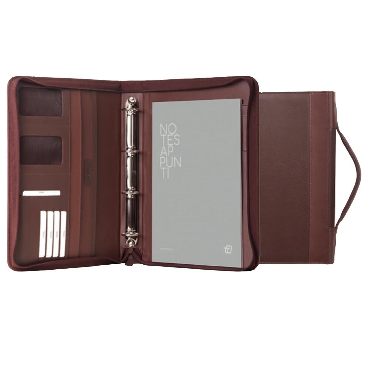 Portablocco office con zip e anelli in ecopelle marrone