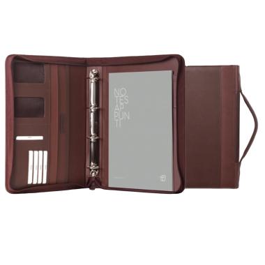 Portablocco office con zip e anelli in ecopelle marrone